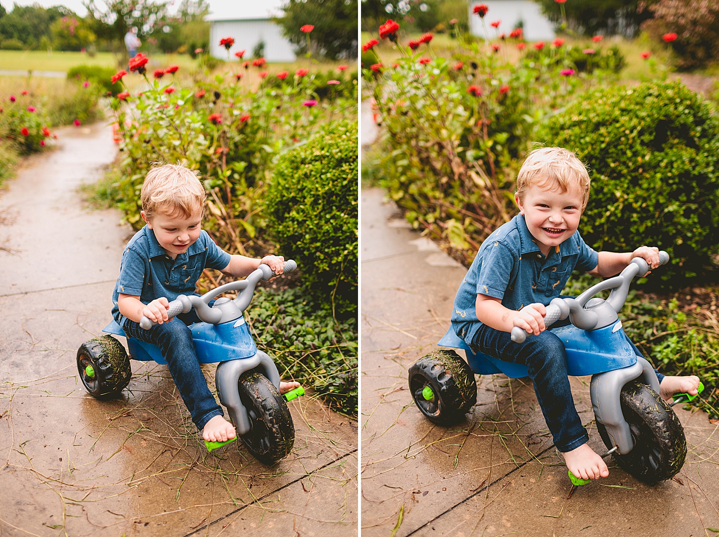 Photograph of kid riding tricycle down driveway