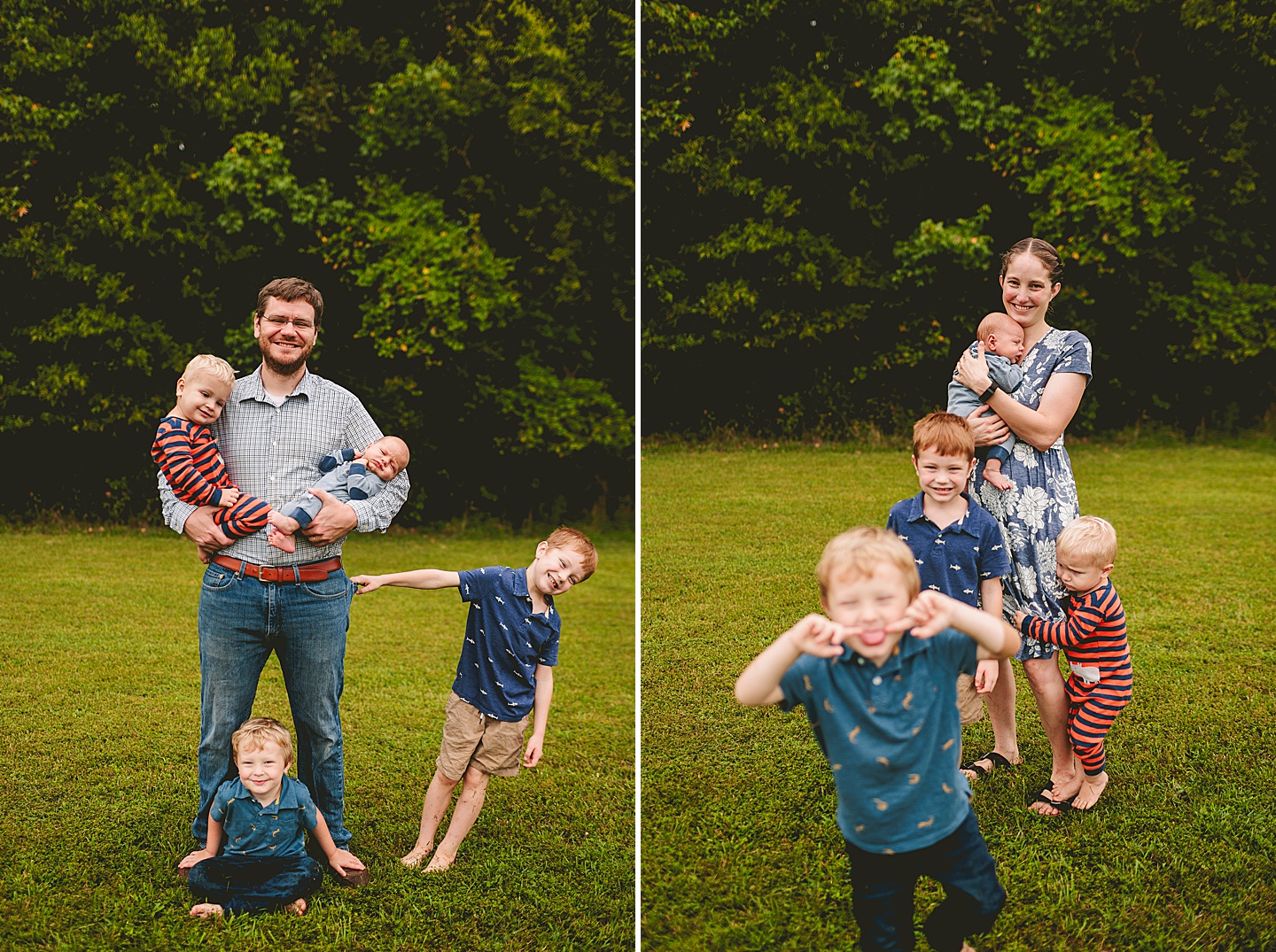 Kids goofing around during family photos at home in Durham