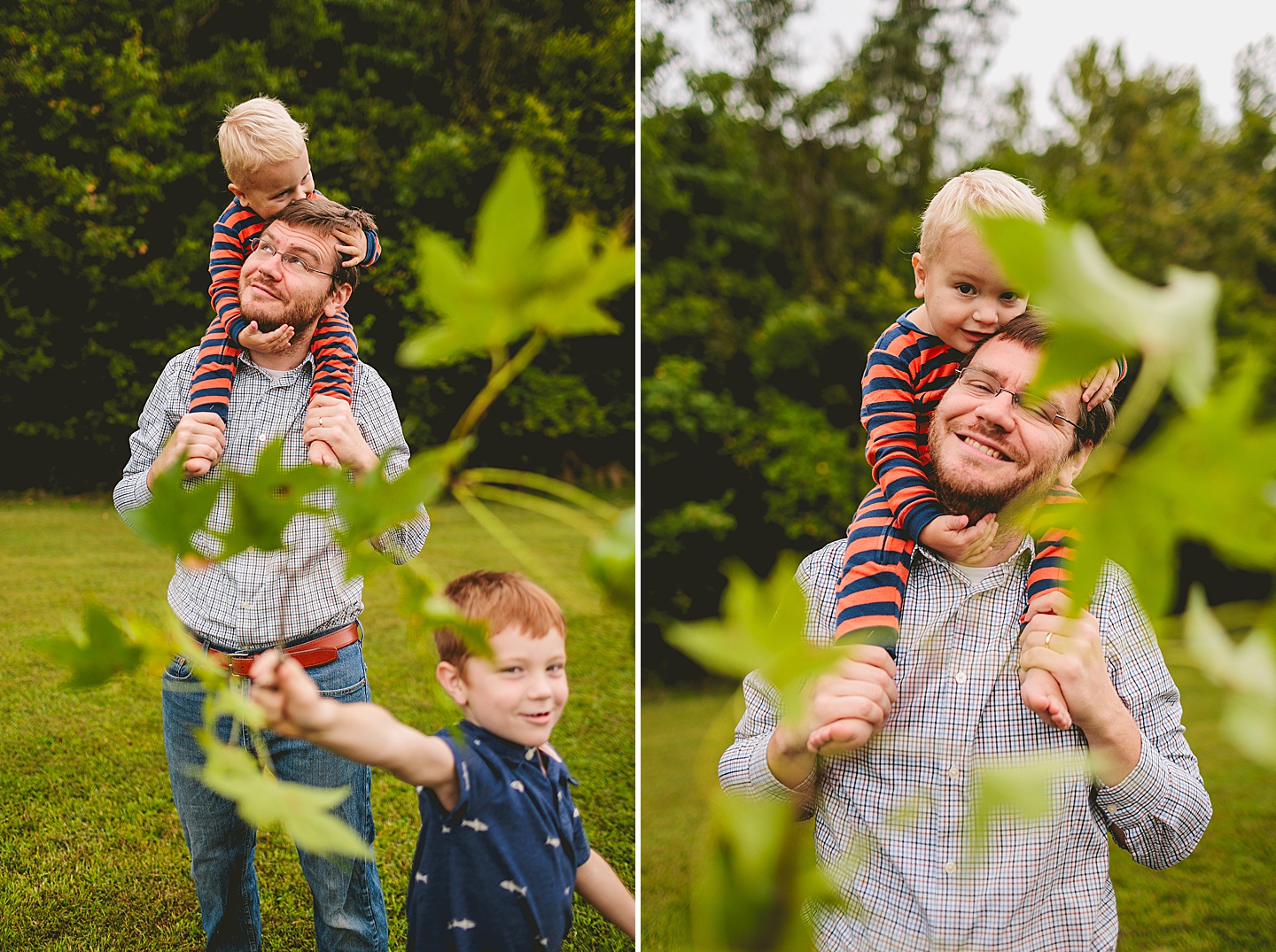 Kid holding up branch with leaves in front of camera