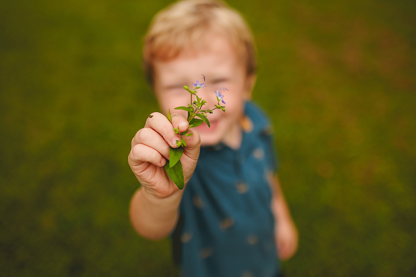 Child holding wildflowers