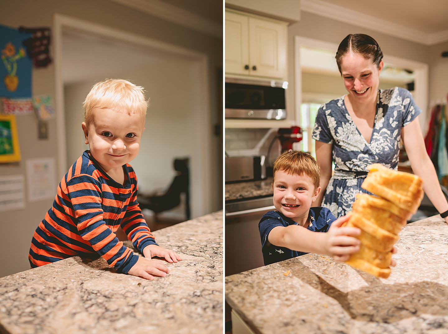 Kid holding up lots of bread