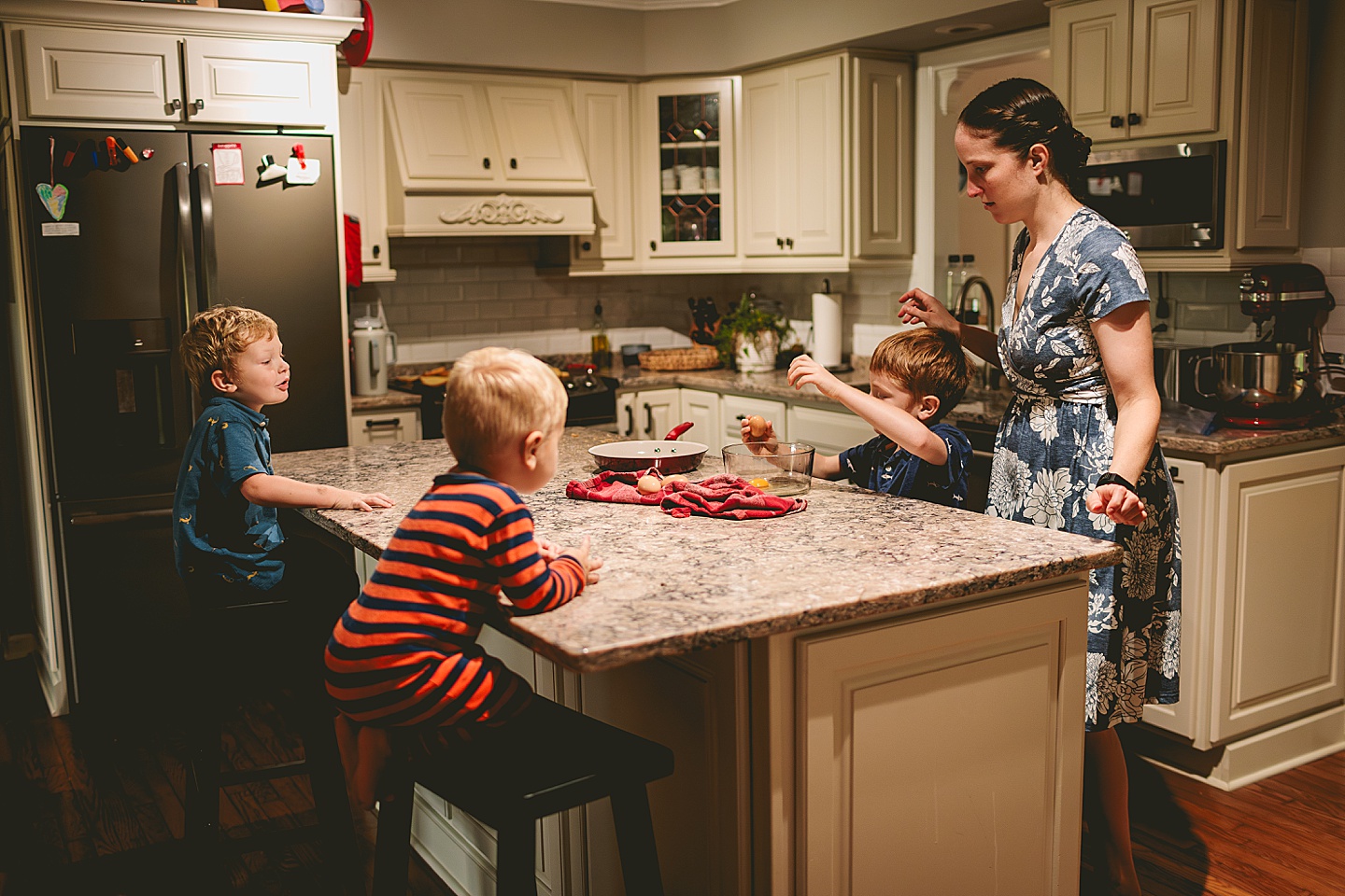 Making french toast at home during family photos