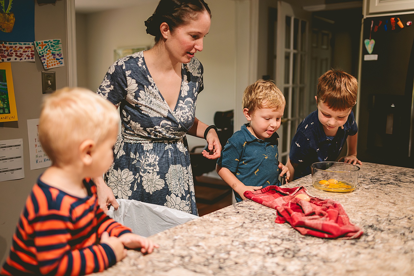 Making french toast at home during family photos