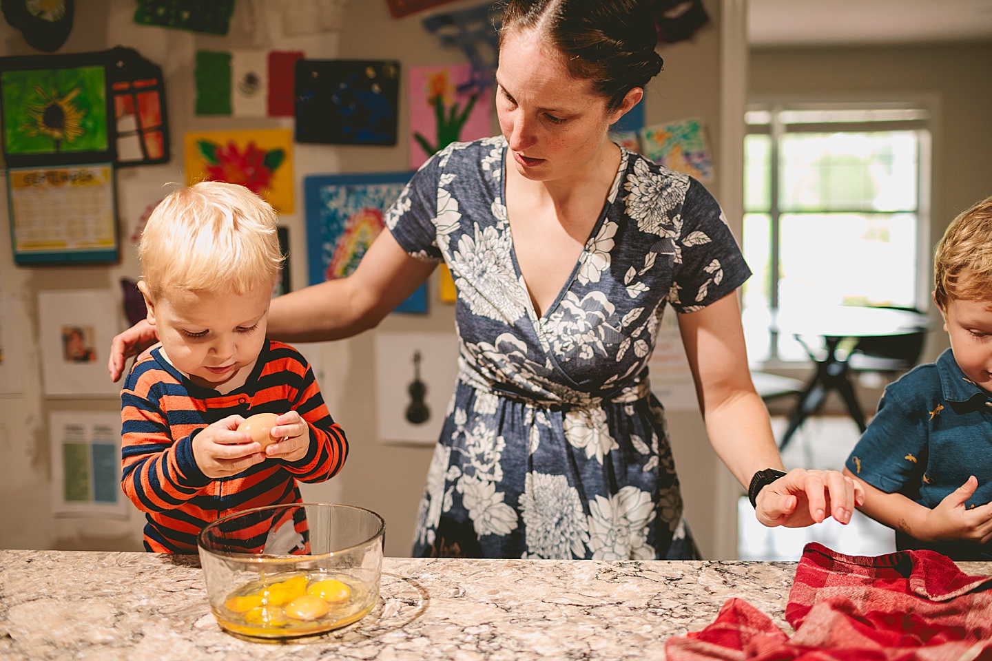 Making french toast at home during family photos