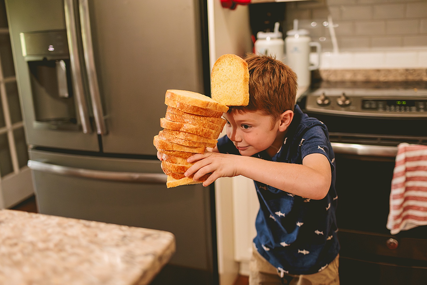 Making french toast at home during family photos