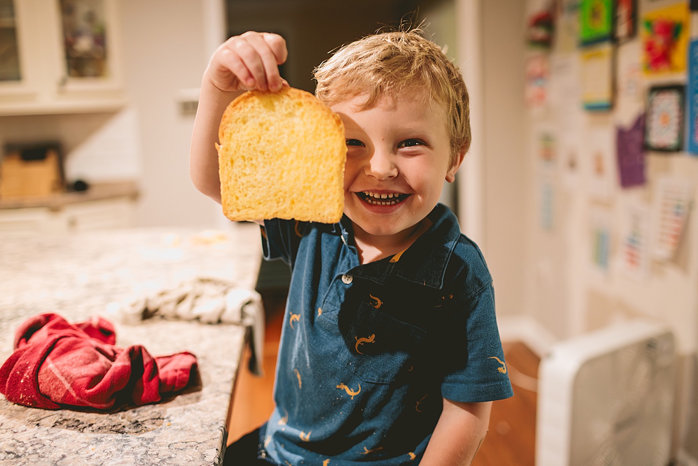 Kids in the kitchen making french toast for photos