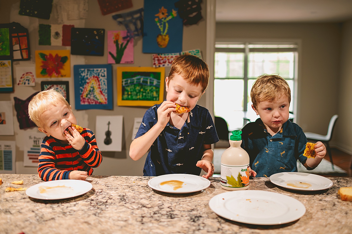 Kids in the kitchen making french toast for photos