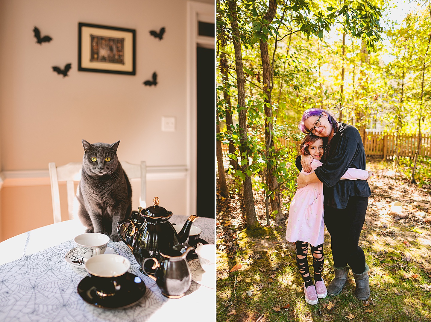Gray cat sitting with a Halloween tea set and bats coupled with a picture of a mother and daughter hugging outside