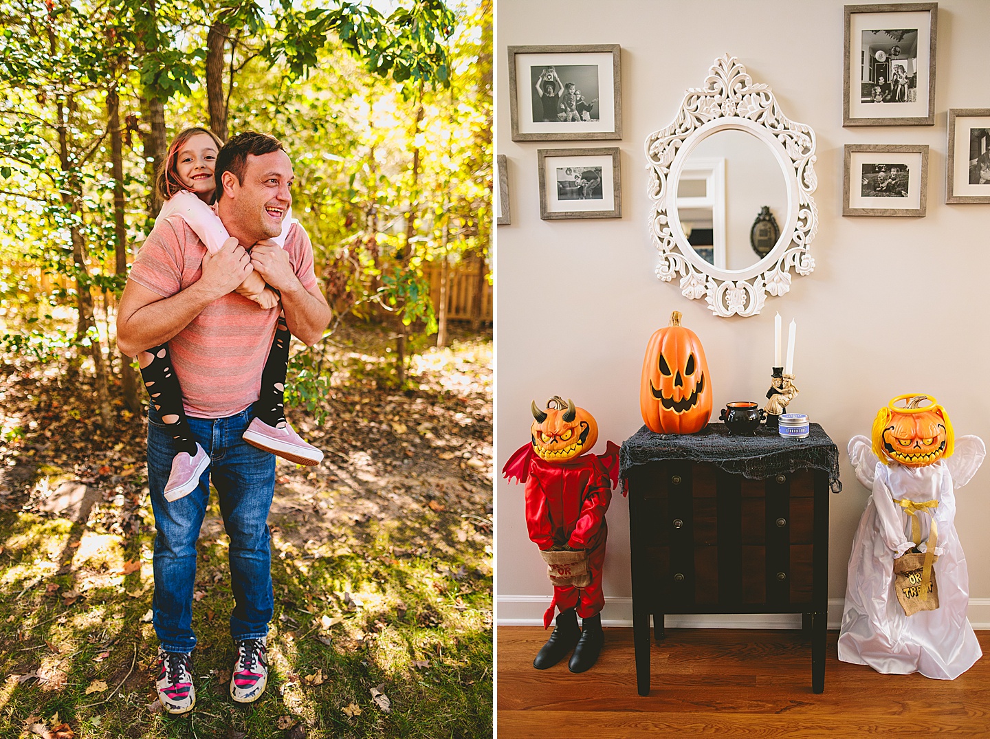 Dad giving his daughter a piggyback ride coupled with a picture of a Halloween themed entryway