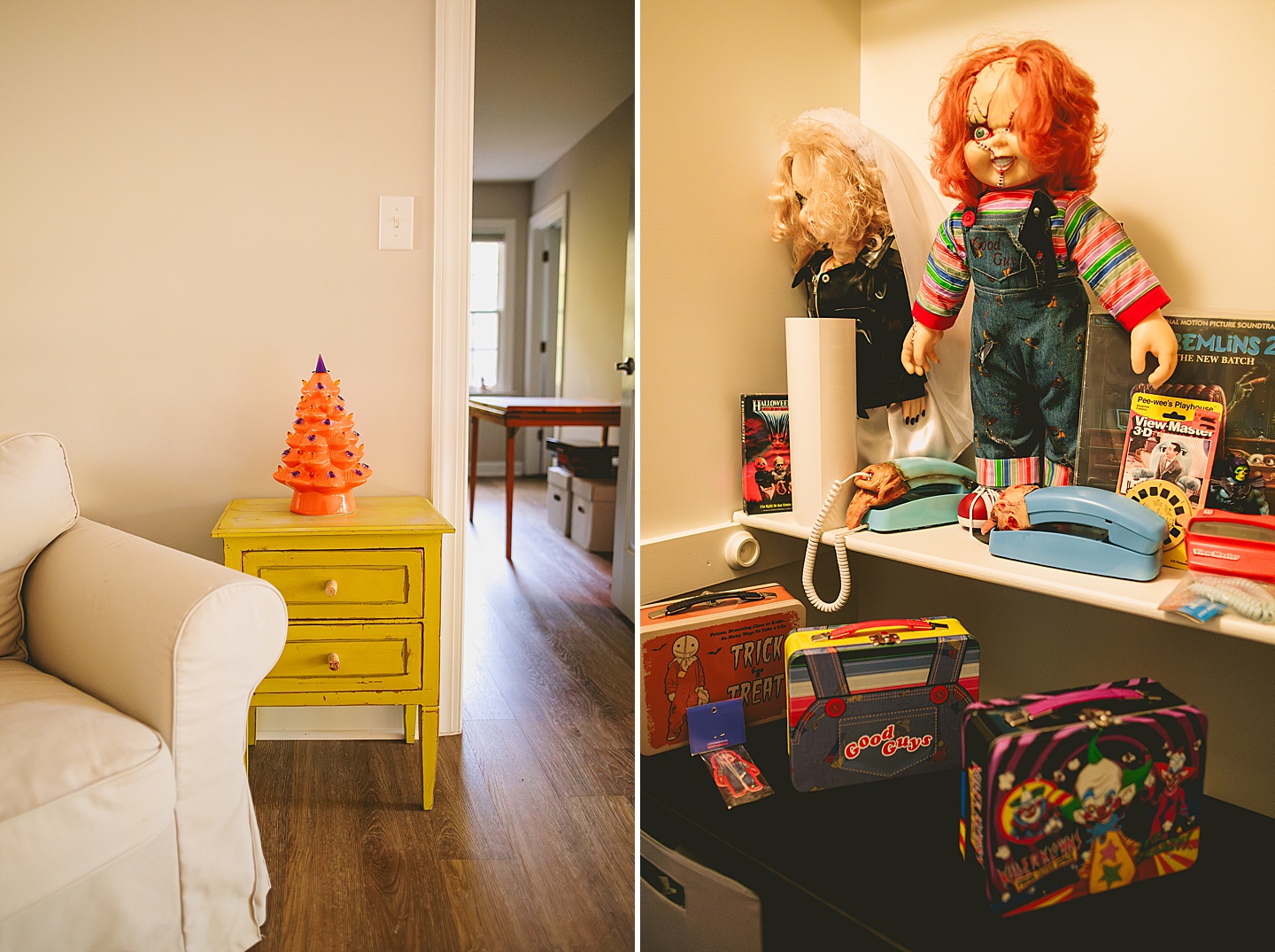 An orange ceramic Halloween tree sits on a green end table and pictures of a Horror memorabilia collection on a shelf
