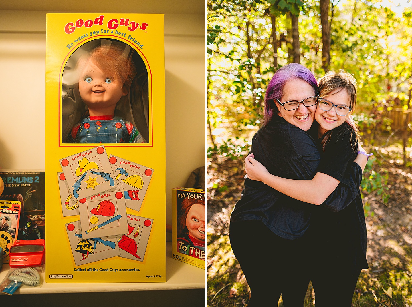 Chucky doll in a box coupled with a picture of a mother hugging her daughter