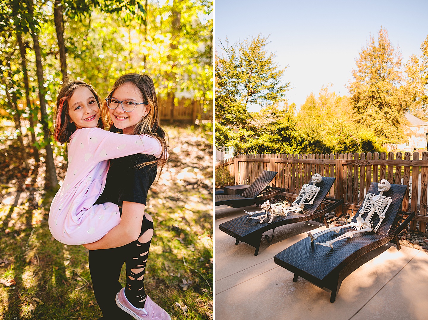 Big sister holding her little sister coupled with a picture of skeletons lying in lounge chairs next to a pool