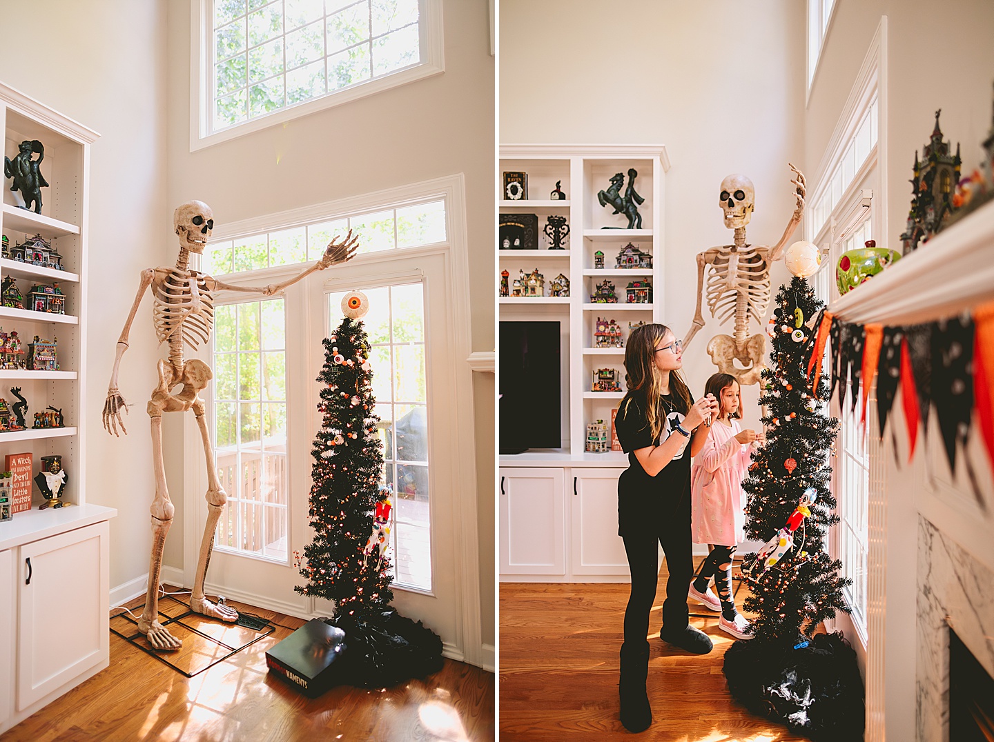 Eight foot skeleton stands in living room and holds an eyeball tree topper for a Halloween tree