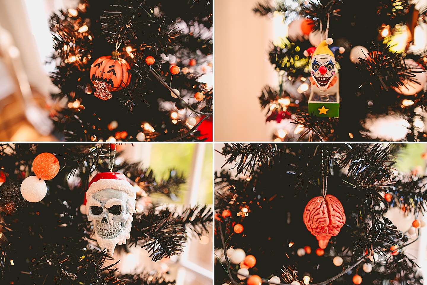 Horrorments hang on black Halloween tree