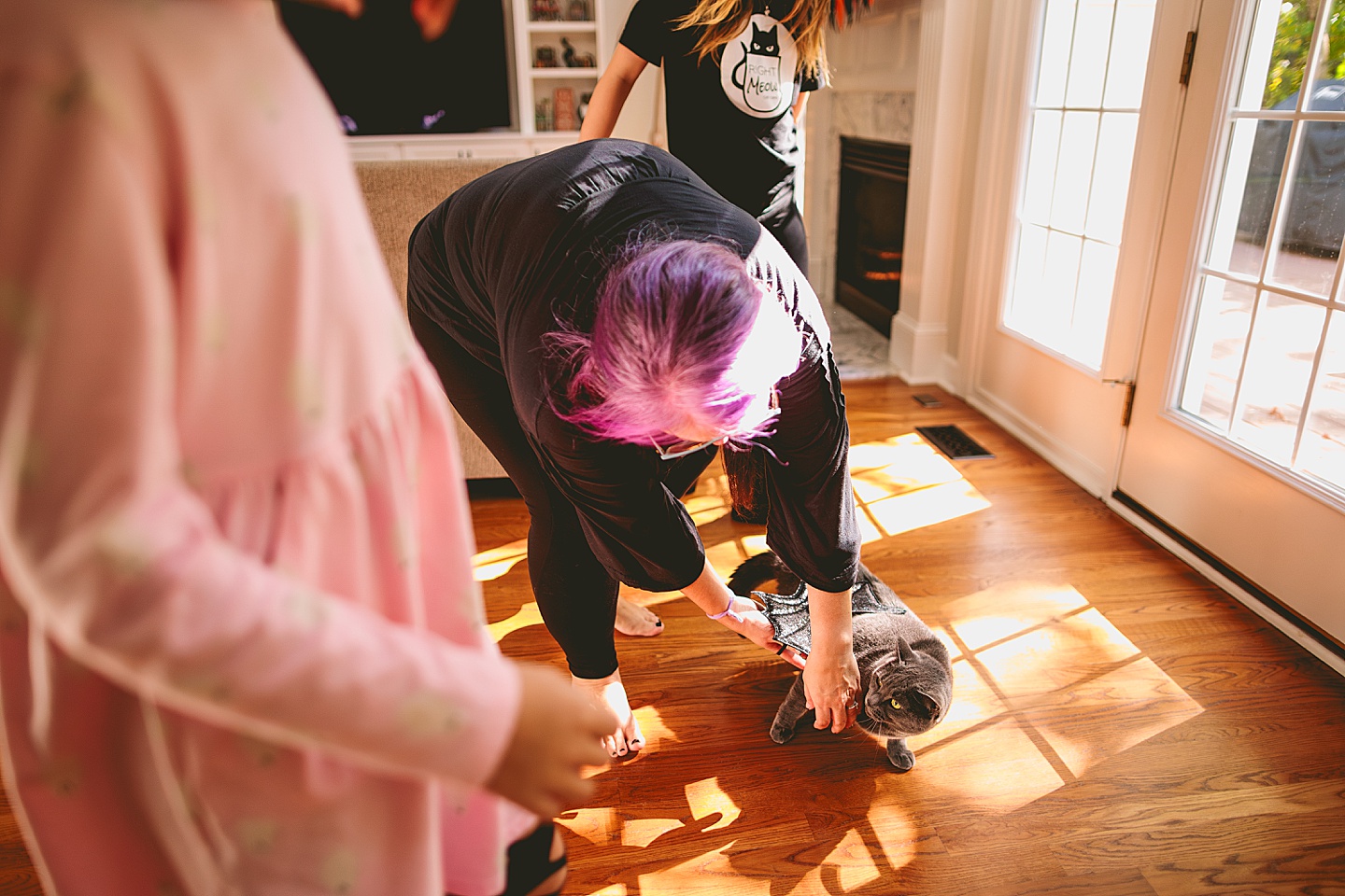 Woman putting a Halloween bat costume on her gray cat