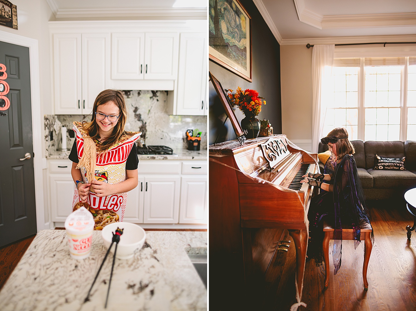 Girl in Noodles Halloween costume laughing in kitchen as she prepares noodle soup coupled with a girl in a dark fairy costume plays piano